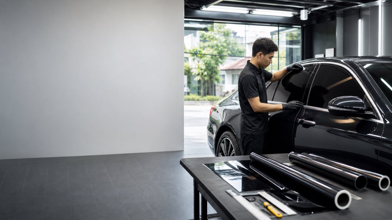Teknisi memasang kaca film tolak panas untuk layanan home service Pengepul Mobil